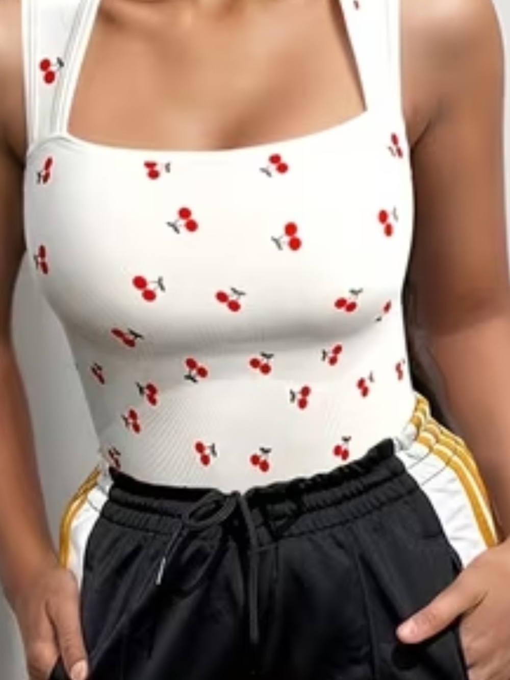 Cream Color Cherry-Print Ribbed Square-Neck Tank Top - Picture 4 of 9